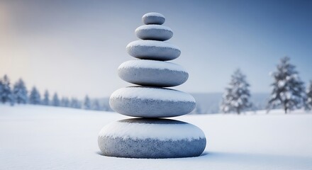 Fototapeta premium Balanced Stone Cairn in Winter Landscape: Serene Snowy Field with Stacked Pebbles, Peace, and Nature.