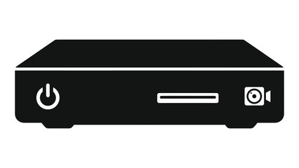 Black silhouette of a settop box or media player with a power button and ports, on