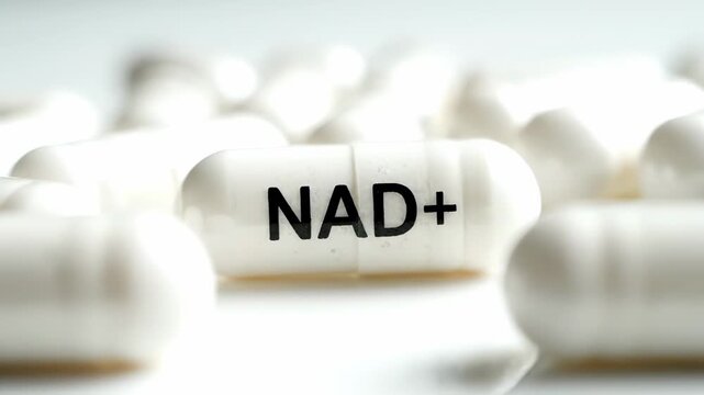 White capsules of NAD plus , Nicotinamide Adenine Dinucleotide, a supplement for cellular energy and anti aging, slowly rotating on a white background
