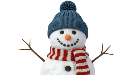 Cheerful snowman wearing a knitted hat and scarf isolated PNG with Transparent Background