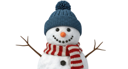 Cheerful snowman wearing a knitted hat and scarf isolated PNG with Transparent Background
