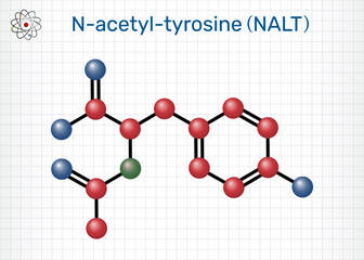 N-acetyl-tyrosine (NALT) molecule. Cognitive enhancer, acetylated derivative of tyrosine amino acid. Structural formula. Sheet of paper in a cage. Molecular model. Vector Illustration