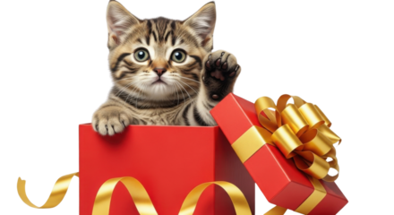 Cute tabby kitten popping out of a gift box with a golden ribbon isolated PNG with Transparent Background
