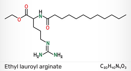Ethyl lauroyl arginate, LAE molecule. Food preservative E243 and antimicrobial cationic surfactant, cosmetic preservative. Vector illustration