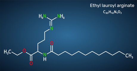 Ethyl lauroyl arginate, LAE molecule. Food preservative E243 and antimicrobial cationic surfactant, cosmetic preservative. Dark blue background. Vector illustration