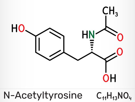 N-acetyl-tyrosine (NALT) molecule. Cognitive enhancer, acetylated derivative of tyrosine amino acid. Vector illustration