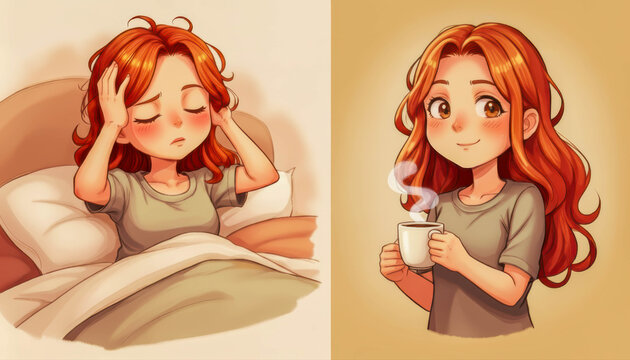 This two-panel cartoon depicts a red-haired woman lying in bed with a headache, then joyfully drinking coffee.