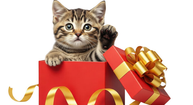 Cute tabby kitten popping out of a gift box with a golden ribbon isolated PNG with Transparent Background - Powered by Adobe
