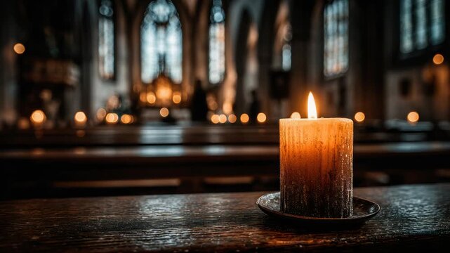 A lit candle on a wooden surface with bokeh lights in a blurred church interior background