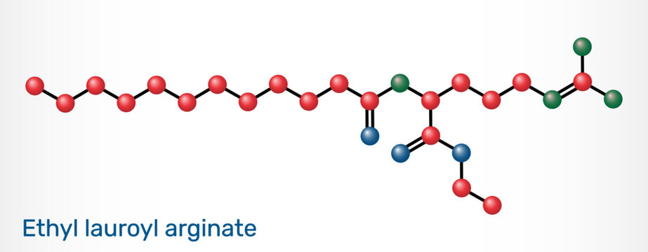 Ethyl lauroyl arginate, LAE molecule. Food preservative E243 and antimicrobial cationic surfactant, cosmetic preservative. Molecular model. Vector Illustration