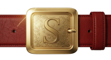 Close-up of a red leather belt with a large gold buckle initialed with the letter S isolated PNG with Transparent Background
