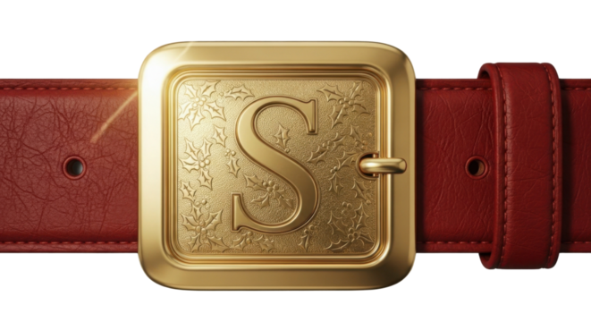 Close-up of a red leather belt with a large gold buckle initialed with the letter S isolated PNG with Transparent Background
