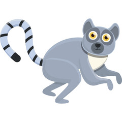 Naklejka premium Gray Ring Tailed Lemur With Big Yellow Eyes And Black Striped Tail In A Cartoon Style Isolated On A Transparent Background