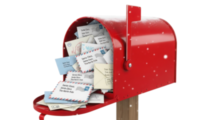 Red mailbox overflowing with letters and envelopes isolated PNG with Transparent Background