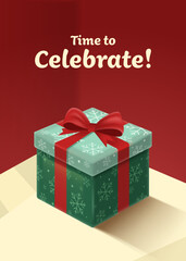 Gift box with snow pattern wrapped with red ribbon 3d realistic style vector illustration. Time to celebrate christmas concept