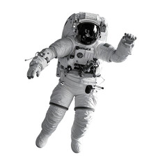 A solitary astronaut in a white spacesuit floats against a stark black background