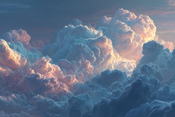 Dense cloudscape featuring a sea of fluffy white clouds against a bright blue sky on a beautiful sunny day