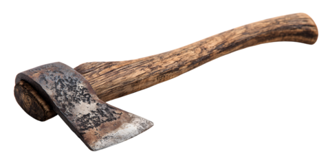 Rustic hand axe with textured wooden handle on black background