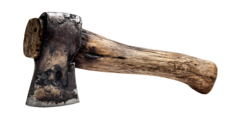 Old rustic axe head with weathered wooden handle