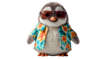 Cute plush penguin wearing sunglasses and a hawaiian shirt