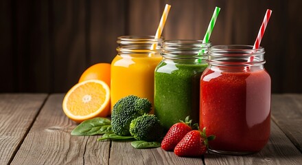 healthy fruit and vegetable smoothies in glass mason jars with straws