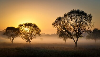 hazy morning landscape with silhouetted trees
