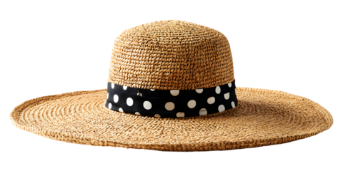 Wide brim straw hat with polka dot ribbon detail on black background
