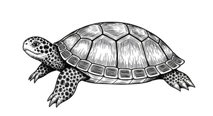 Detailed monochrome illustration of a sea turtle, showcasing intricate shell patterns and textures.