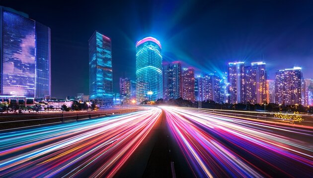 light trails of neon lights in a city at night - Powered by Adobe