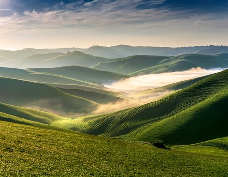 rolling hills under a misty sky