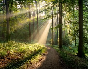 Fototapeta premium sunbeams shining through a forest path
