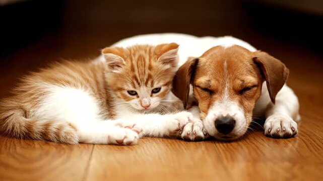 Ginger kitten and Jack Russell terrier puppy snuggled up together, napping peacefully on a cozy wooden floor. These enchanting companions are inseparable best buddies