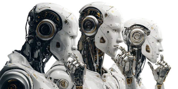 Three futuristic robots contemplating with their hands on their chins
