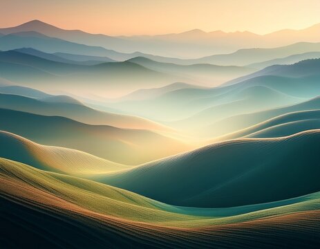 a hazy and serene landscape with rolling hills and a subtle glow