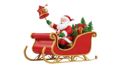 Santa Claus in a red sleigh holding "HO HO HO" bell, Christmas decoration isolated PNG with Transparent Background