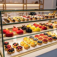 Assortment of Delicious Pastries and Desserts on Display in a Bakery Showcase.