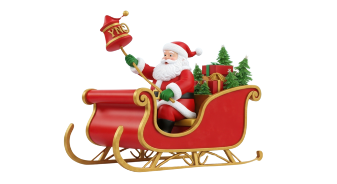 Santa Claus in a red sleigh holding "HO HO HO" bell, Christmas decoration isolated PNG with Transparent Background