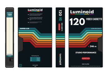 Retro style VHS video cassettes front and back view with label and cover, cover side view. Empty labels with lines for text. Magnetic cassette label fantasy 90s cover design. Vector illustration.
