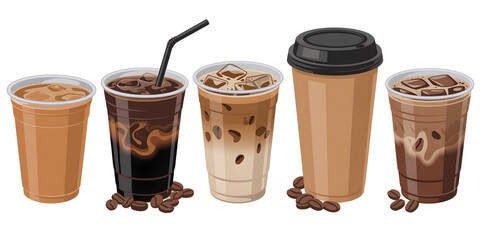 Various iced coffee drinks in plastic cups vector illustration of cold coffee beverages perfect for cafe menu or advertising