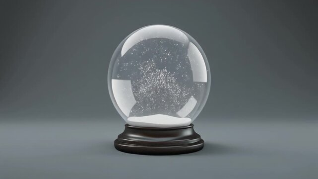 "Close-up of clear glass snow globe with white glitter gently falling, set against plain gray background&mdash;ideal for winter-themed overlays, holiday visuals, and decorative animation loops."