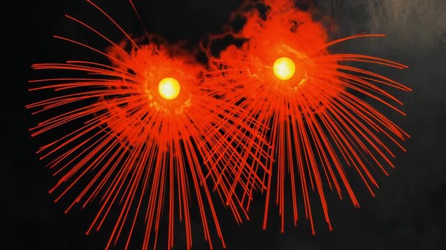 Darkness encroaches as two glowing red suns pierce through swirling clouds in a shadowy landscape at dusk