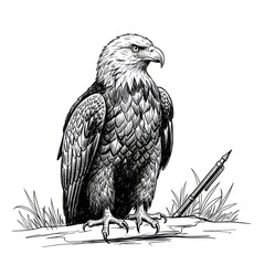 Detailed Black and White Sketch of a Majestic Eagle Perched on a Branch.