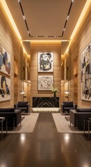 Luxurious Hotel Lobby with Modern Art and Elegant Seating Area.