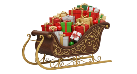 Santa's sleigh filled with many colorful Christmas presents isolated PNG with Transparent Background