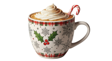 Hot chocolate in a decorative Christmas mug with whipped cream and candy cane isolated PNG with Transparent Background