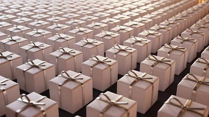 Elegant arrangement of white gift boxes with gold ribbons, perfect for holiday promotions, corporate gifts, or special event announcements