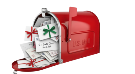 Red mailbox overflowing with letters to Santa Claus isolated PNG with Transparent Background