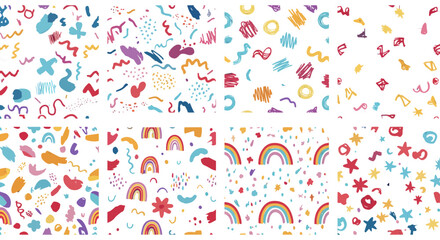 Obraz premium playful pattern design whimsical colorful shapes and rainbows on white backdrop perfect for childrens designs and cheerful vibrant backgrounds.