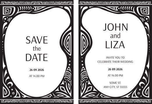 Black and White Wedding Invitation, Bohemian Ethnic Mandala, Geometric Pattern, Monochrome - Powered by Adobe