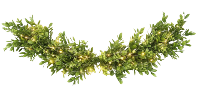 Boxwood garland with decorative string lights isolated PNG with Transparent Background